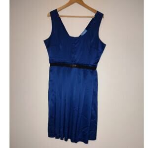 Vera Wang Royal Blue Satin Black Belted Rhinestone Detail V-Neck Midi Dress 8